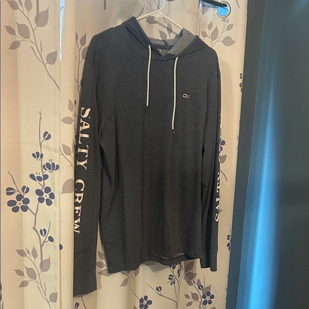 Salty Crew Men's Blue Charcoal Hooded Long Sleeve Shirt with White Sleeve Logo